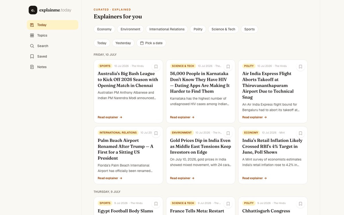ExplainMe Today daily feed with six topic verticals