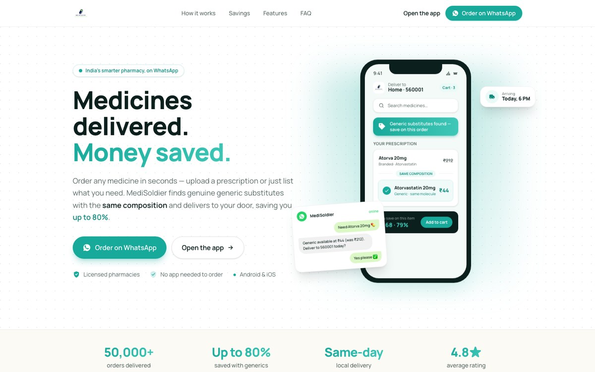 MediSoldier home page: prescription upload and generic substitution